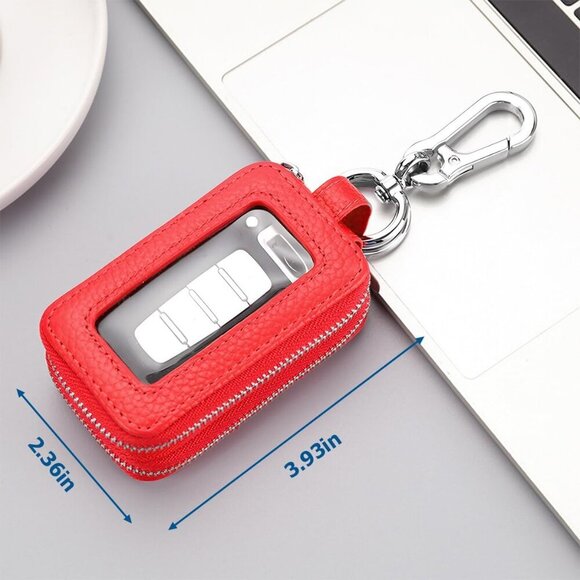 Car Key Fob Case, Genuine Leather Remote Keychain Bag with Lanyard and Zipper Cl - Picture 2 of 6